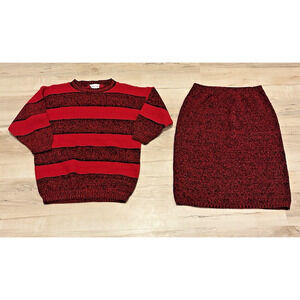 Carriage Court Women Medium Sweater Set Skirt Long Sleeve Striped Red Vintage